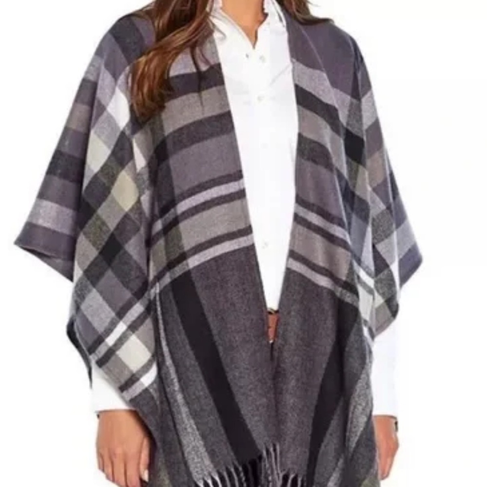 Banana Republic Cashmere Blend Karen Purple Plaid Shawl/Cape/Wrap